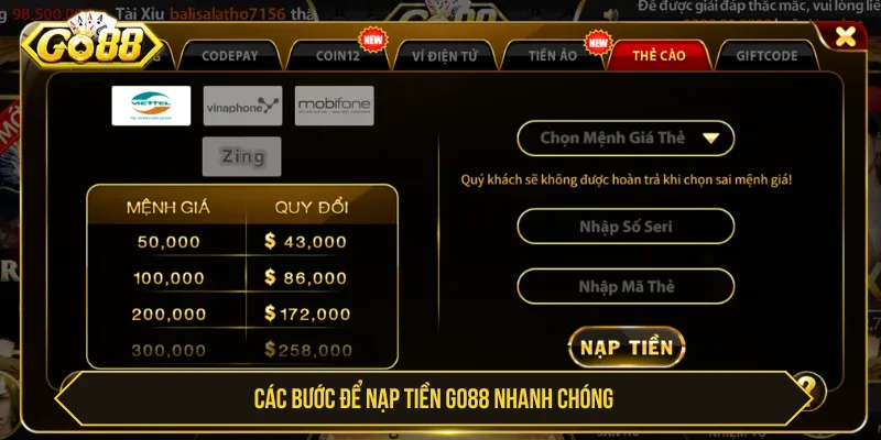 Nhiều phương thức thanh toán được Go88 hỗ trợ